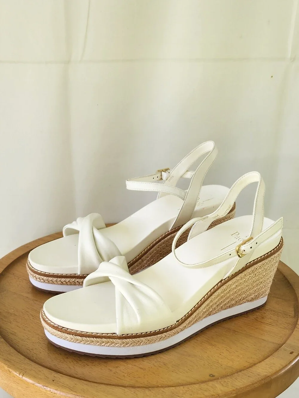 Linea Paolo Verona White Wedge Sandals with Knotted Front and Ankle Strap
